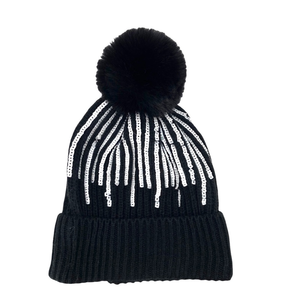 NEW BCBG MaxAzria Knit Pom Pom Sequin Beanie Hat